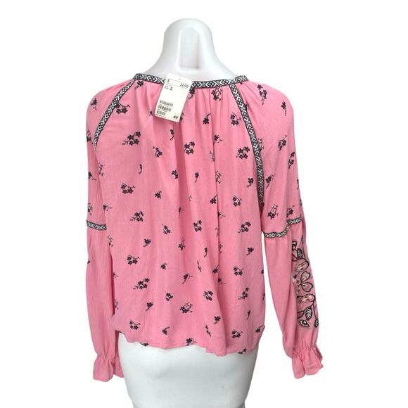 NEW H&M Pink Floral Tassel Tie Long Balloon Sleeve Boho Blouse Top Size 10 - Picture 2 of 4